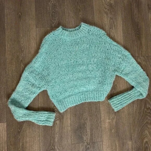 Aritzia Wilfred Lune Sweater Knit Cropped Crewneck Wool Oceanic Teal blue XS - Picture 7 of 14